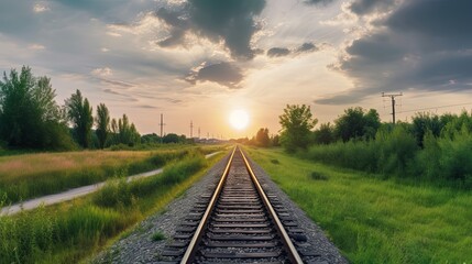 Fototapeta na wymiar Sunset Railroad: Train Track Through Scenic Nature Lands with Cloudy Sky, Generative AI