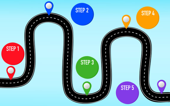 Infographic template step asphalt road street with pinpoint timeline vector illustration design. Direction planing way journey route goal place business presentation 