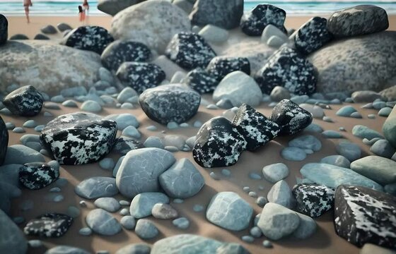 close up 3d background of group of rocks on the beach