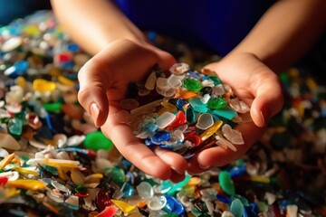 Macro shot of a person's hands sorting recyclable materials, emphasizing the importance of recycling for environmental sustainability. Generative AI