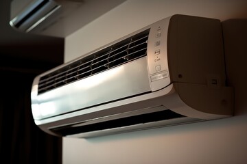 An image of a modern air conditioning unit installed on a wall. Generative AI