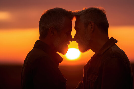 Two men, gay couple kissing at sunset, closeup detail to faces, orange sky behind them. Happy candid romantic moment - LBGT concept. Generative AI
