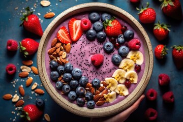 A creative overhead shot of a beautifully arranged smoothie bowl with toppings like fresh berries, nuts, and seeds. Generative AI