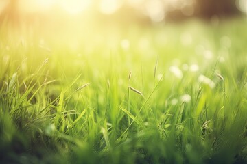 Obraz premium Abstract background of green morning grass with sunbeams. Generative AI