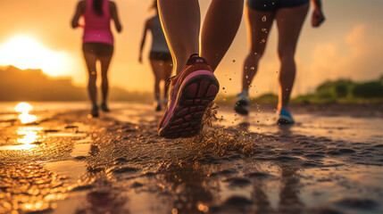 Multi-ethnic runners racing at beach.Multi-ethnic runners racing at beach Golden hour, Ultra realistic