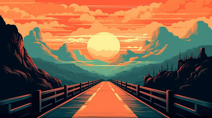 Aesthetic Lo-Fi highway between mountains. Orange color palette. Lovcore art. Illustration