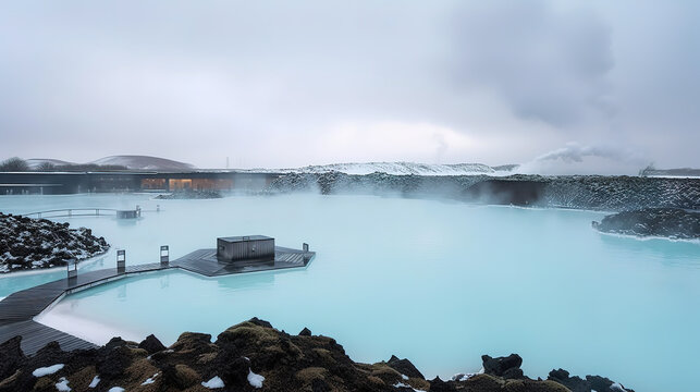Woman relaxes and enjoys of spa in hot spring blue lagoon in ice. Generative Ai