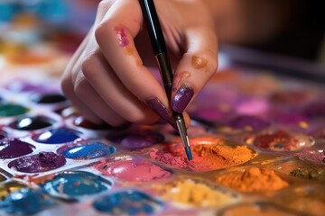 Fototapeta na wymiar Close-up shot of a makeup artist's hands on a color palette applying vibrant eyeshadow. Generative AI