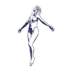 Illustration of a beautiful fashion model flying in a stylish swimsuit. Young attractive woman in bikini. Sketch style outline. Human levitation