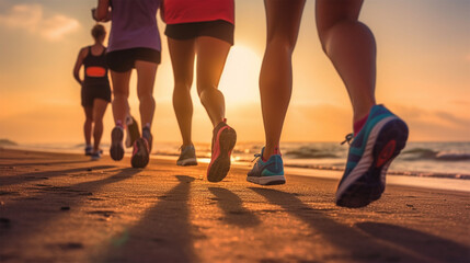 Multi-ethnic runners racing at beach Golden hour, Ultra realistic