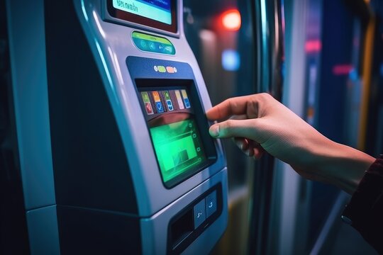 Close - up shot of a person tapping their contactless card on a bus or train ticketing machine, emphasizing the convenience and ease of using public transportation. Generative AI
