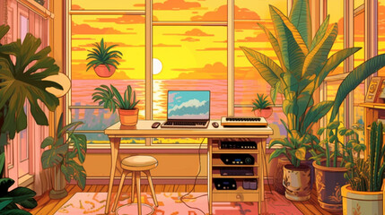 Aesthetic Lo-Fi home office Yellow color palette. Lovcore art. Illustration
