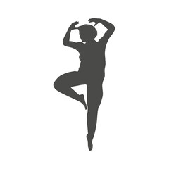 Beautiful plus size woman is dancing. Body positive concept. Attractive overweight girl. For Fat acceptance movement.