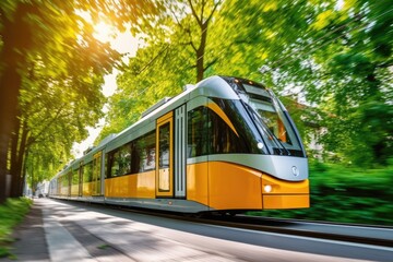 Low - angle shot of a modern electric tram passing by, showcasing the eco - friendly nature of public transportation. Generative AI - obrazy, fototapety, plakaty