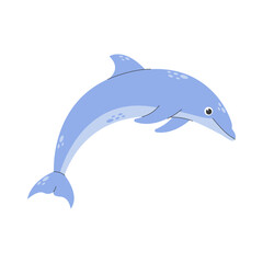 Adorable blue dolphin isolated on white background. Side view of cute friendly fish. Childish character. Colored flat cartoon vector illustration