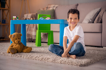 Portrait of adorable positive cute small schoolboy sit floor carpet wear white shirt modern...