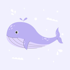 Poster with a cute marine purple whale on a blue background with nautical elements. Colorful sticker illustration with for kids. Cute cartoon undersea world. Vector stock illustration.