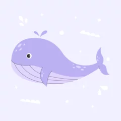Kussenhoes Poster with a cute marine purple whale on a blue background with nautical elements. Colorful sticker illustration with for kids. Cute cartoon undersea world. Vector stock illustration. © Lapalovee