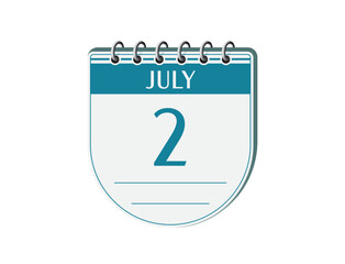 2 july round retro calendar page vector. 3d one day calendar, date appointment, business planner, event reminder illustration. Abstract three dimensional daily date calendar. 