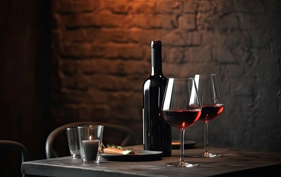 Restaurant background with two wine glasses and a wine bottle on table, copy space
