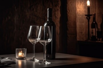 Restaurant background with two wine glasses and a wine bottle on table, copy space