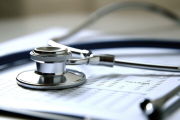 A close - up shot of a stethoscope and a clipboard with medical forms on a clean and sterile hospital table. Generative AI