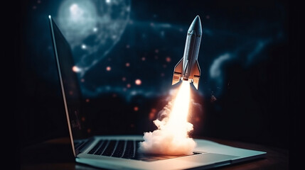 Launching Space Rocket From Laptop Screen. Generative ai.