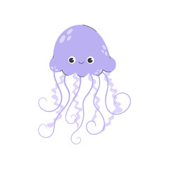 Cute baby jellyfish swimming. Jelly fish with happy smiling face isolated on white background. Colored flat vector illustration of wild marine animal