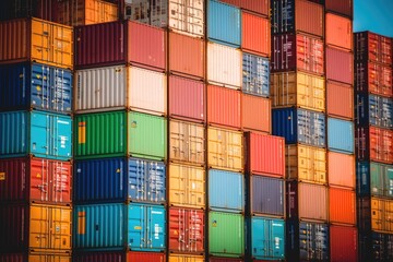 Close - up shot of a stack of shipping containers at a busy port, emphasizing the logistical aspect of cargo transportation. Generative AI