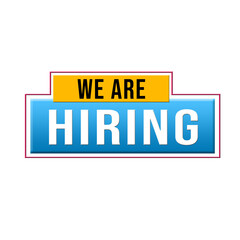 Hiring recruitment open vacancy design info label template. We are hiring join to team announcement lettering in speech bubble chat box vector illustration isolated on yellow background