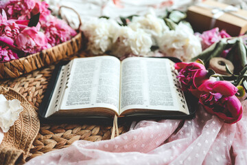 Open bible in home morning interior