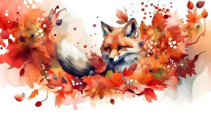 fox in autumn leaves watercolor drawing, generative ai