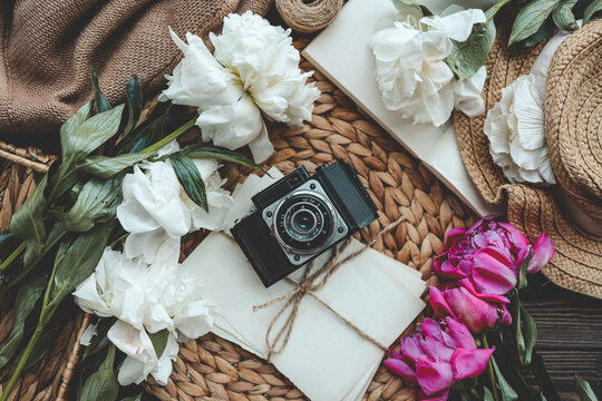 retro photo camera with book and fresh pink peony flowers