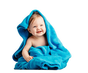 Cute baby playing and laughing in cozy blanket. Isolated on transparent white background