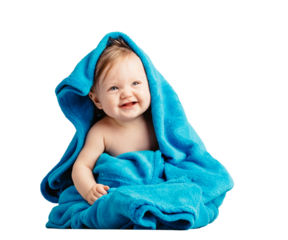 Cute baby playing and laughing in cozy blanket. Isolated on transparent white background