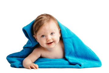 Cute happy baby smiling in cozy blanket. Isolated on transparent white background