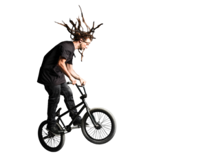 Man jumping and performing tricks on BMX bicycle. Isolated on transparent white background.