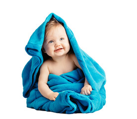 Cute little baby in cozy blanket. Isolated on transparent white background.