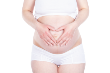 Pregnant woman making a heart shape on her belly. Isolated on transparent white background