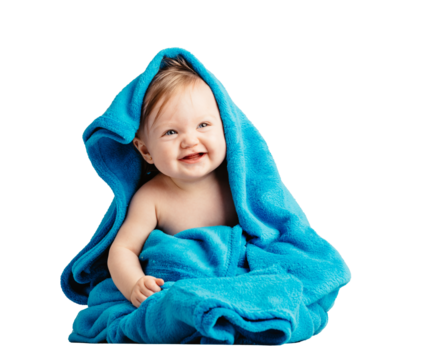 Cute baby playing and laughing in cozy blanket. Isolated on transparent white background