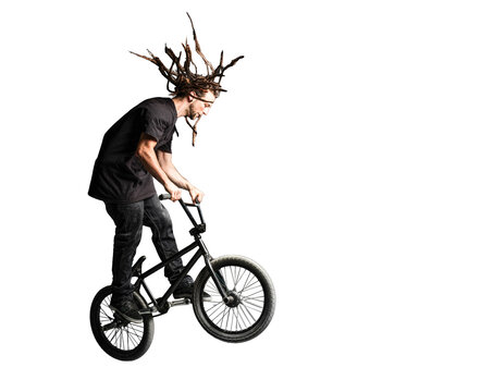 Man jumping and performing tricks on BMX bicycle. Isolated on transparent white background. - Powered by Adobe