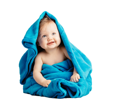 Cute little baby in cozy blanket. Isolated on transparent white background.