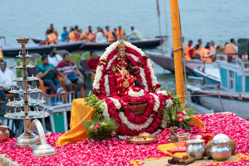 Varanasi  India 30 March 2018 Ganga aarti ceremony rituals  at Gange river