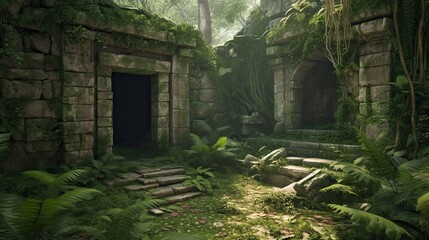 Fototapeta na wymiar Ancient Aztec Ruins Surrounded by Lush Jungle: An Abandoned Sacred Temple, a Historic Heritage, Generative AI