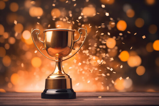 golden winners throphy on a black background with bokeh lights created with AI generative tools