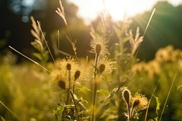Sun-soaked Meadows of Nature: A Blurry Look at Spring/Summer Grass and Flowers in the Landscape, Generative AI