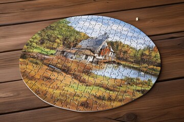 Solving Mysteries: A Finished Puzzle of Scenic Art on a Wood Table with a Circular Oval Shape. Generative AI