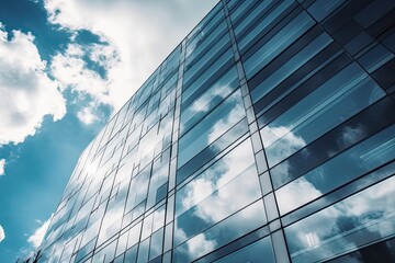 Fototapeta na wymiar The Modern Glassy Skyscraper: A Futuristic Cityscape of Office Buildings Under a Blue Sky with White Clouds, Generative AI