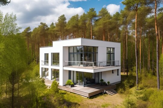Luxury and Eco-Friendly: Contemporary Sustainable Home in the Middle of Nature Featuring a Panoramic White House, Solar-Powered Roof, and Pine Forest Garden. Generative AI