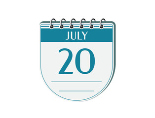 20 july round retro calendar page vector. 3d one day calendar, date appointment, business planner, event reminder illustration. Abstract three dimensional daily date calendar. 